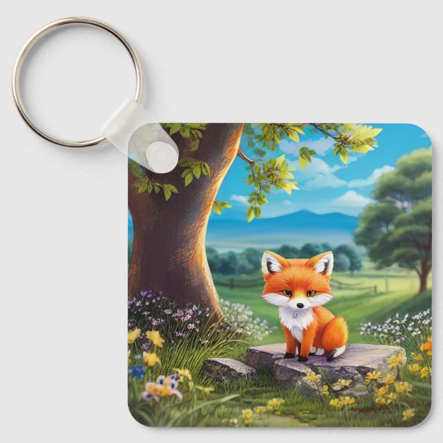 Adorable Fox Sitting Under Tree Key Ring (Front)