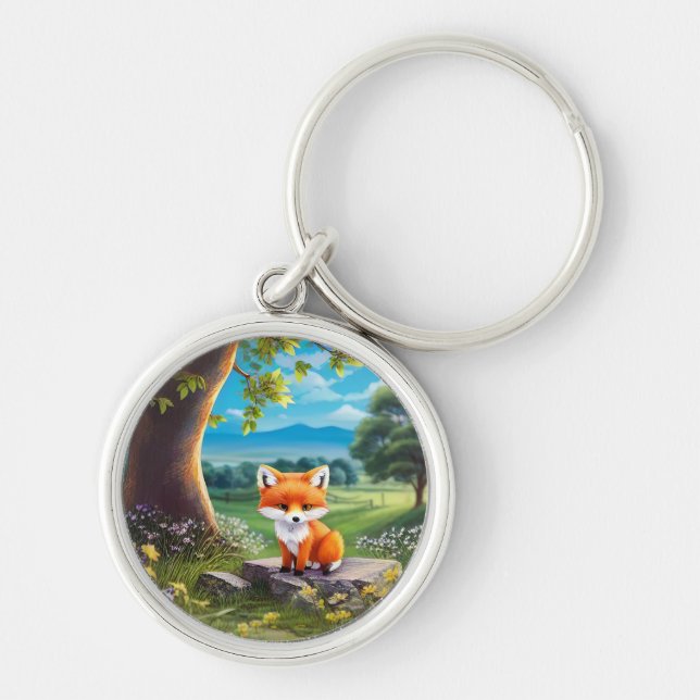 Adorable Fox Sitting Under Tree Key Ring (Front)