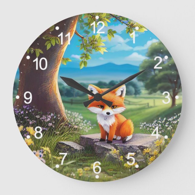 Adorable Fox Sitting Under Tree Large Clock (Front)