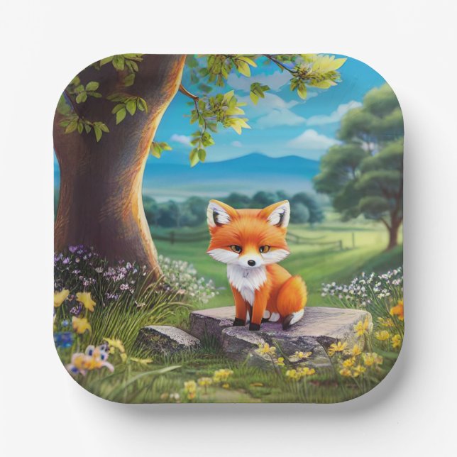 Adorable Fox Sitting Under Tree Paper Plate (Front)
