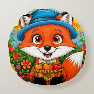 Adorable Fox With Basket of Apples Round Cushion