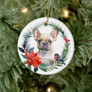 Adorable French Bulldog Pup Watercolor Poinsettia Ceramic Tree Decoration