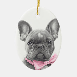 Adorable french bulldog puppy with a pink bow ceramic tree decoration