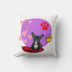 Adorable Frenchie Puppy with Hearts Cushion