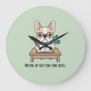 Adorable Frenchie Puppy Writing Novel Pastel Green Large Clock
