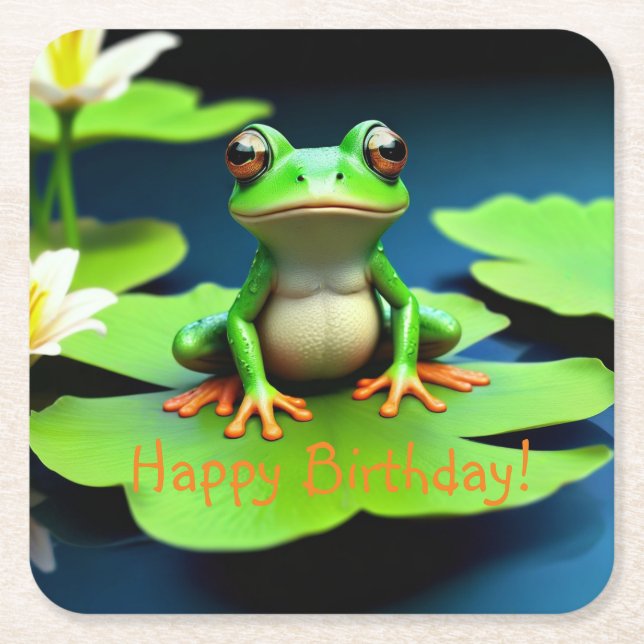 Adorable Frog Birthday Square Paper Coaster (Front)