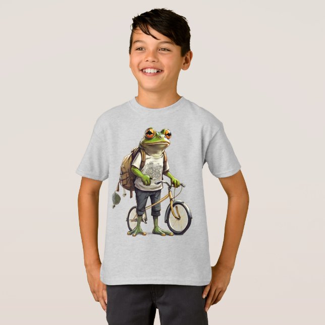 Adorable Frog in T-shirt and Backpack Bicycle  (Front Full)