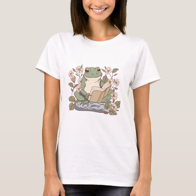 Adorable Frog Reading a Book T-Shirt (Front)