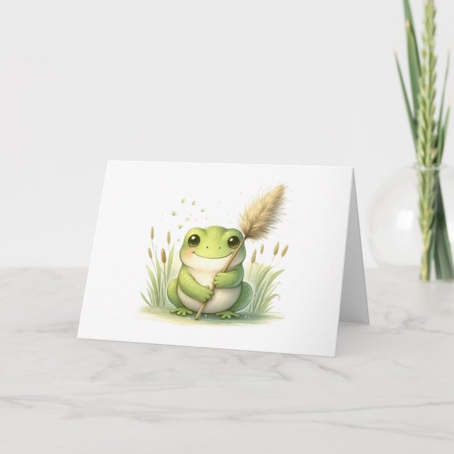 Adorable Frog with Pampas Grass Blank Greeting Card (Front)