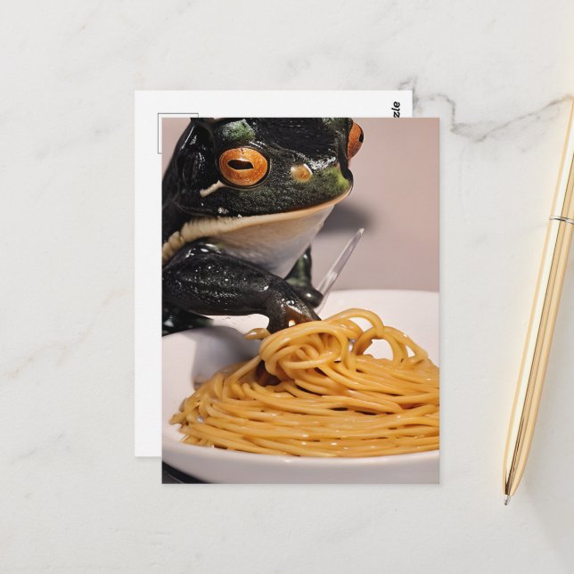 Adorable Frog With Spagetti Postcard (Front/Back In Situ)