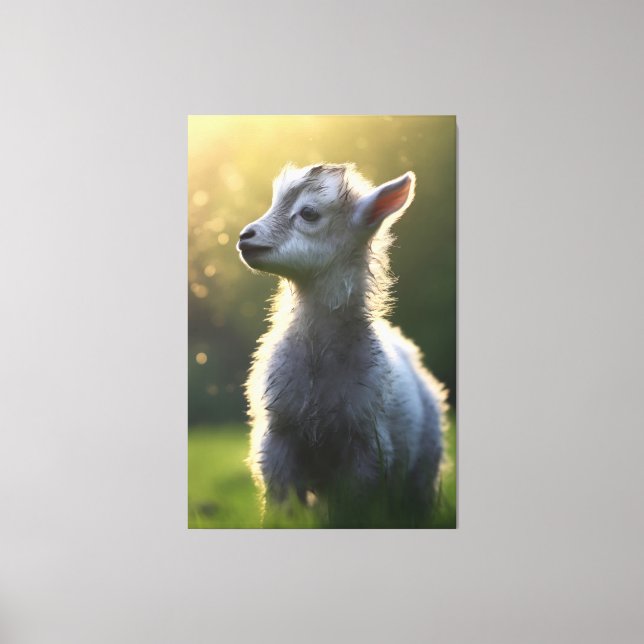 Adorable Full-Colour Baby Goat Frolicking in Grass Canvas Print (Front)