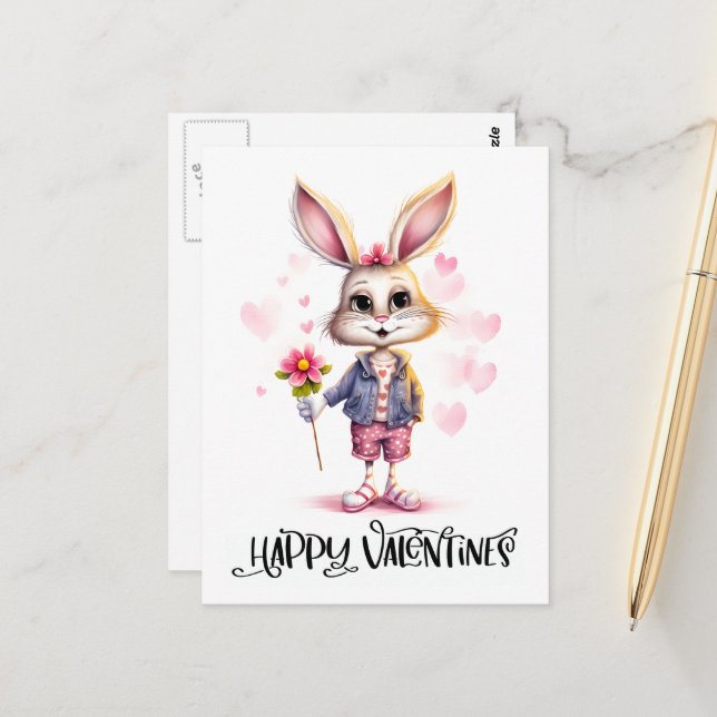 Adorable Funny Cute Valentine Rabbit Pink Flowers Postcard (Front/Back In Situ)