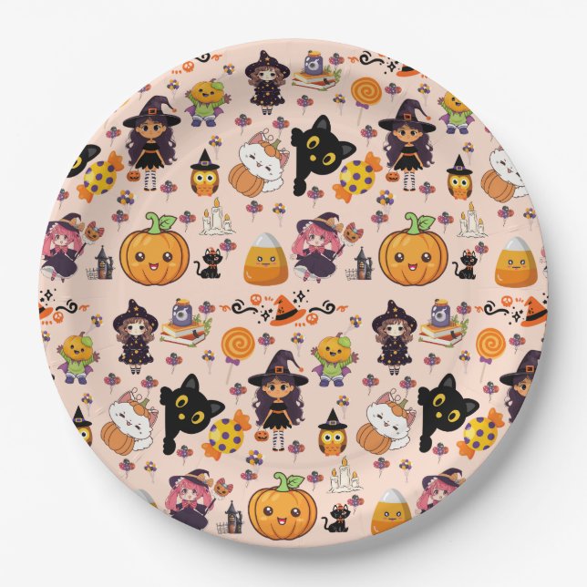 Adorable Funny Kawaii Halloween Pattern  Paper Plate (Front)