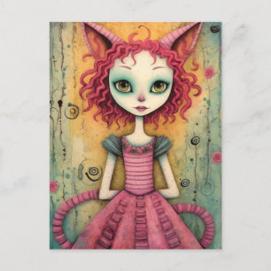 Adorable Furry Cat Lady Mixed Media Collage Postcard