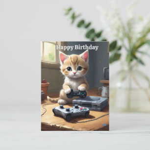 Adorable Gaming Kitten, Birthday Postcard
