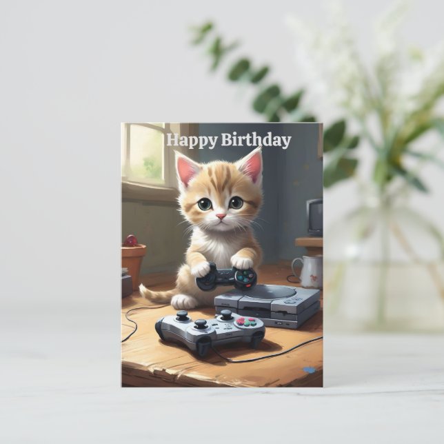 Adorable Gaming Kitten, Birthday Postcard (Standing Front)