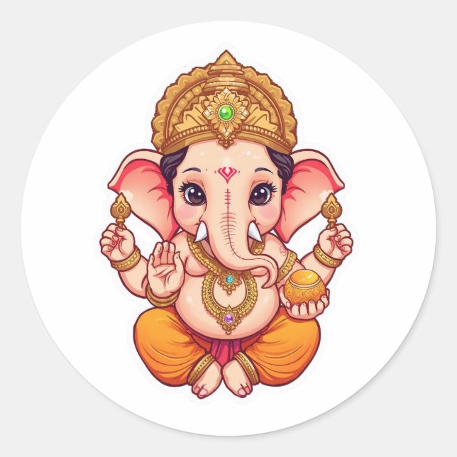 Adorable Ganpati Bappa – Chibi Style Ganesha with  Classic Round Sticker (Front)