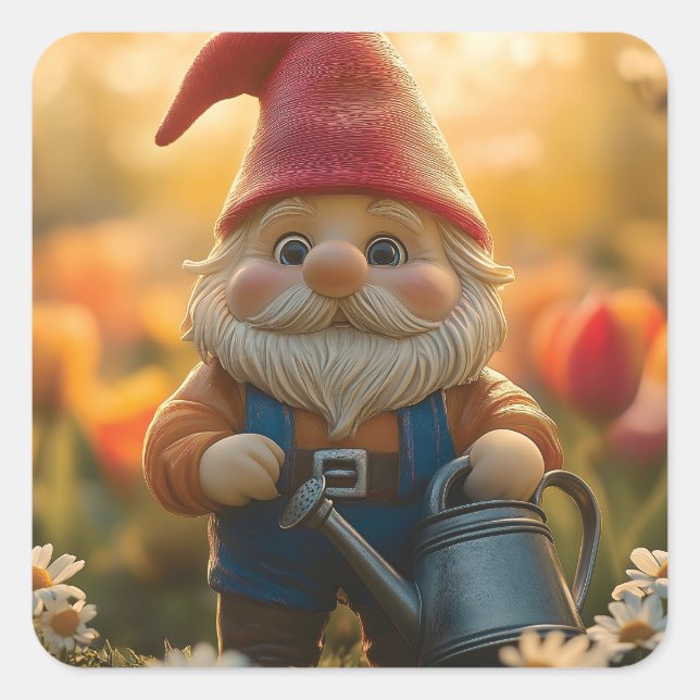 Adorable Garden Gnome with Watering Can Square Sticker (Front)