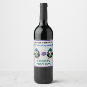 Adorable Gay Penguins Two Grooms Love Heart Hats Wine Label