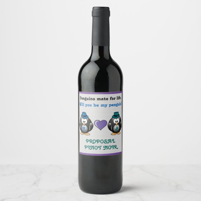 Adorable Gay Penguins Two Grooms Love Heart Hats Wine Label (Front)