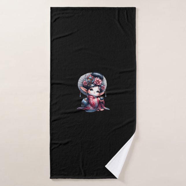 Adorable Geisha Gnome Illustration Bath Towel (Bath Towel)