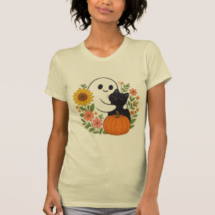 Adorable Ghost and Black Cat Fall Cute Halloween  T-Shirt
