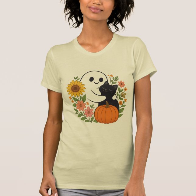 Adorable Ghost and Black Cat Fall Cute Halloween  T-Shirt (Front)