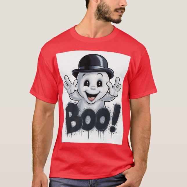 Adorable Ghost with Bowler Hat and 'BOO!' Graffiti T-Shirt (Front)