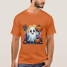Adorable Ghost with Pitchfork and Pumpkins Hallowe