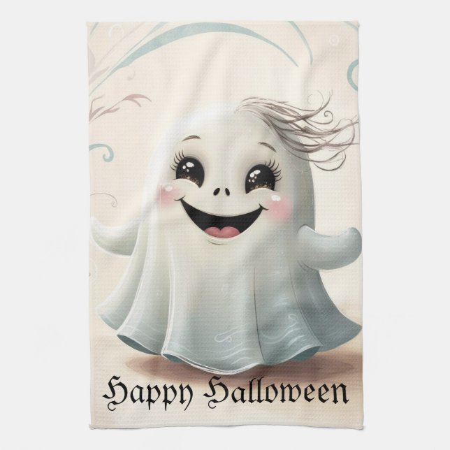 Adorable Ghostly Friend Halloween Design  Tea Towel (Vertical)