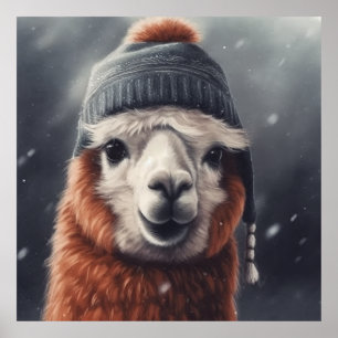 Adorable ginger alpaca wearing beanie poster