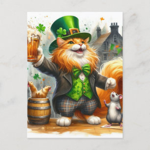 Adorable Ginger Cat and a Mouse With Beer St. Pats Postcard