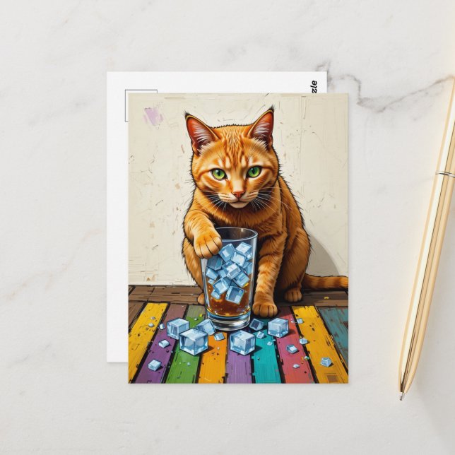Adorable Ginger Cat and Ice Postcard (Front/Back In Situ)