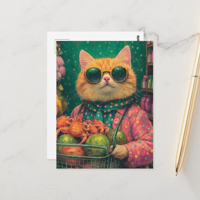 Adorable Ginger Cat Grocery Shopping Postcard (Front/Back In Situ)
