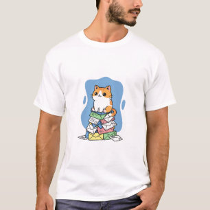 Adorable Ginger Cat Sitting on a Stack of Colourfu T-Shirt
