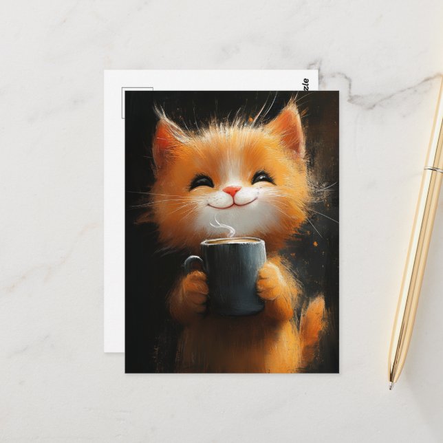 Adorable Ginger Cat With a Coffee Postcard (Front/Back In Situ)