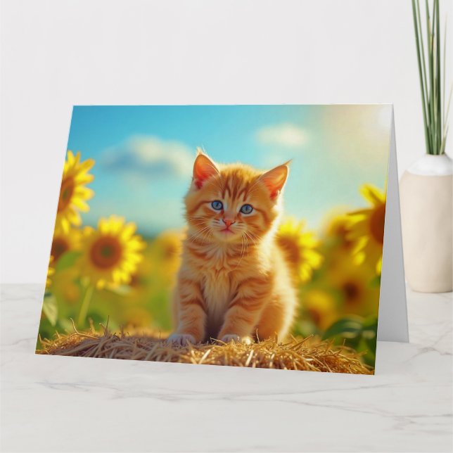 Adorable Ginger Kitten in Field of Sunflowers Card (Front)