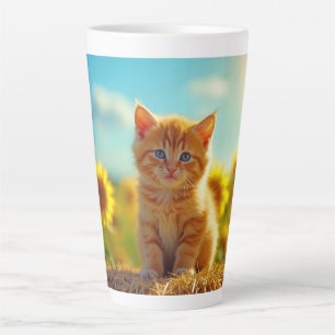 Adorable Ginger Kitten in Field of Sunflowers Latte Mug