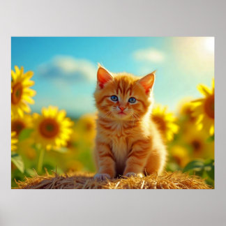 Adorable Ginger Kitten in Field of Sunflowers Poster