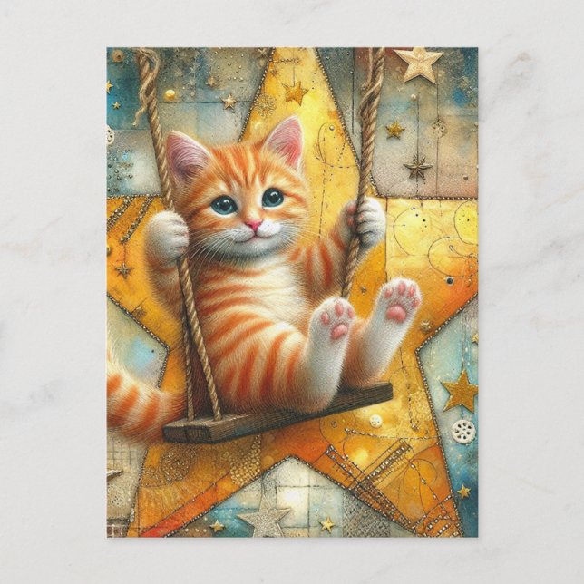 Adorable Ginger Kitten on a Swing Postcard (Front)