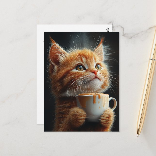 Adorable Ginger Kitten With a Caramel Coffee Postcard (Front/Back In Situ)