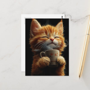 Adorable Ginger Kitten With a Coffee Postcard