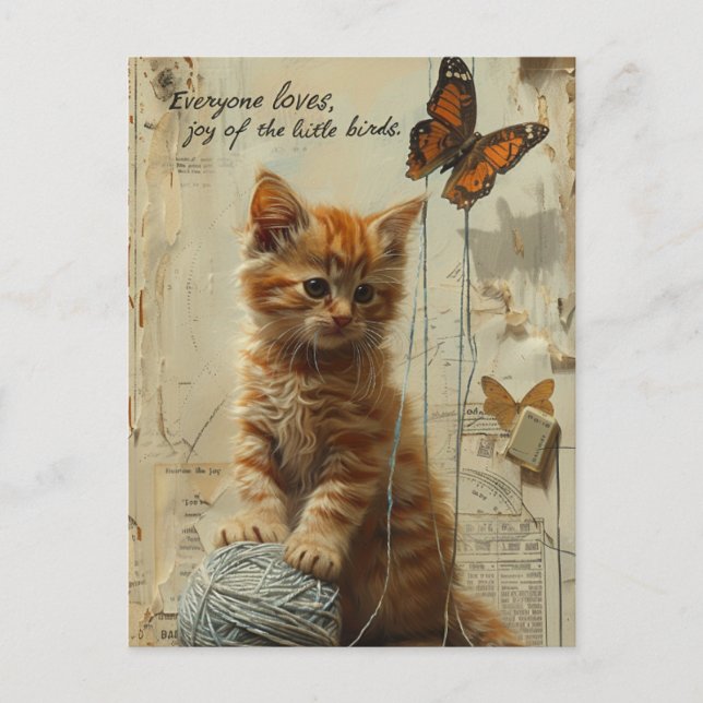 Adorable Ginger Kitten With Butterfly Mixed Media Postcard (Front)