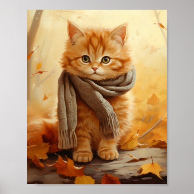 Adorable Ginger Kitten with Scarf - Autumn Poster (Front)