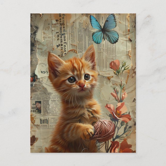 Adorable Ginger Kitten With Yarn blue butterfly Postcard (Front)