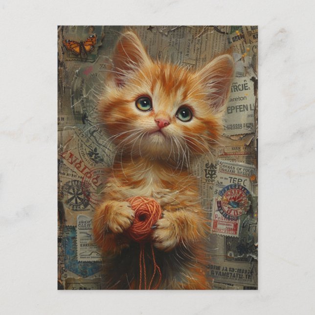 Adorable Ginger Kitten With Yarn Mixed Media Postcard (Front)