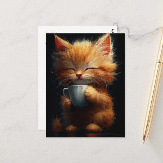 Adorable Ginger Kitty With a Coffee Postcard (Front/Back In Situ)