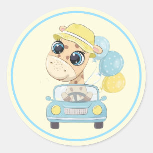 Adorable Giraffe in Car with Balloons Classic Round Sticker