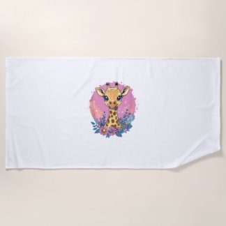 Adorable Giraffe Surrounded By Flowers _2 Beach Towel