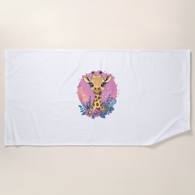 Adorable Giraffe Surrounded By Flowers _2 Beach Towel (Front)